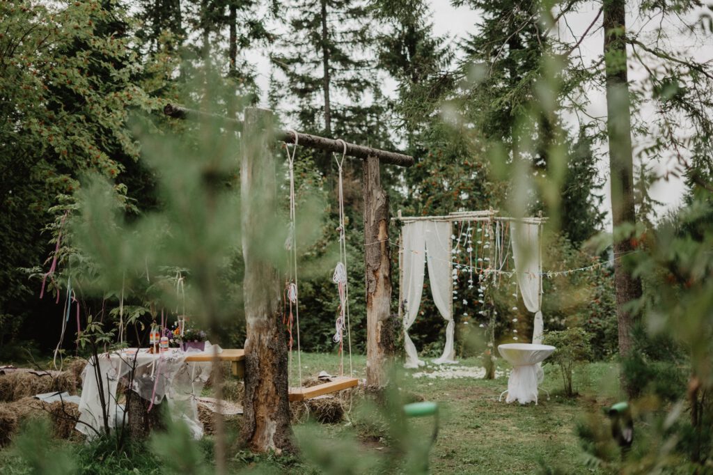 wedding day / wedding reception in the woods